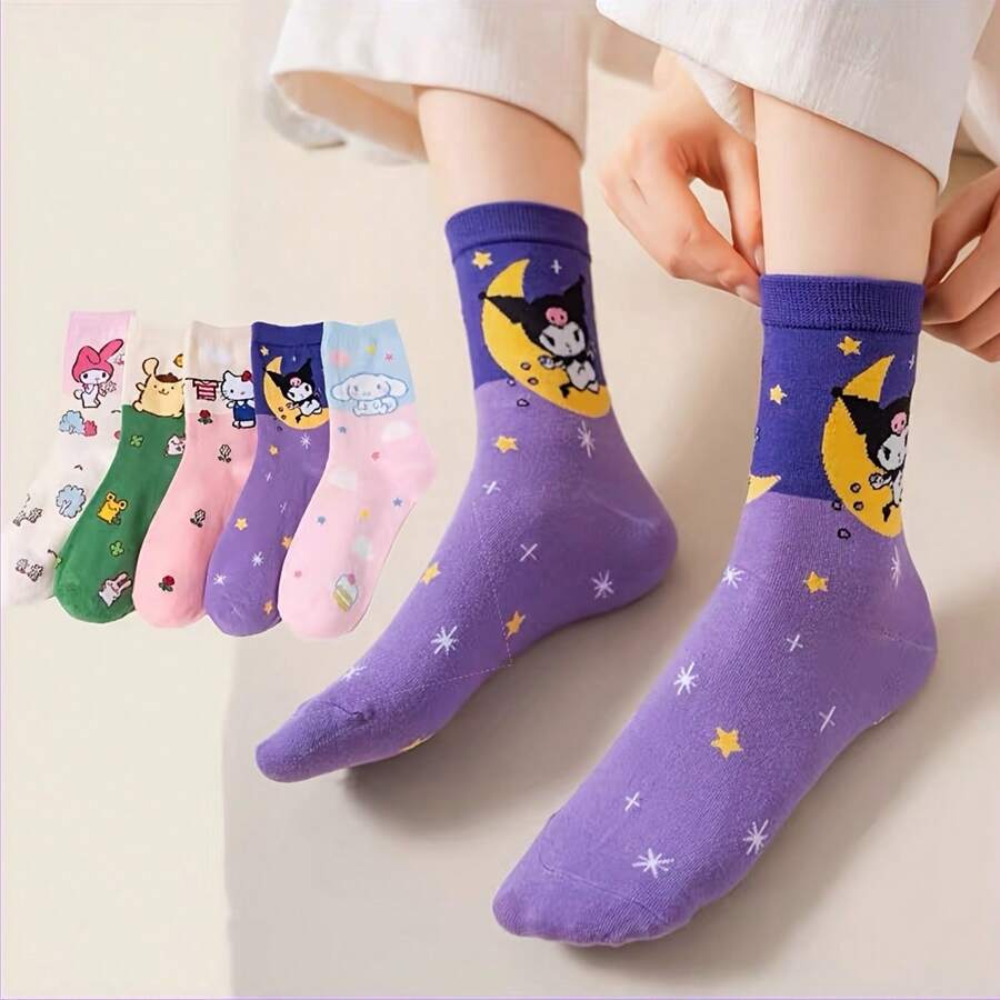 Sanrio 1Pair Sanrio Cute Cartoon Mid-Calf Socks For Women's- Soft, Comfortable Blend For All Seasons