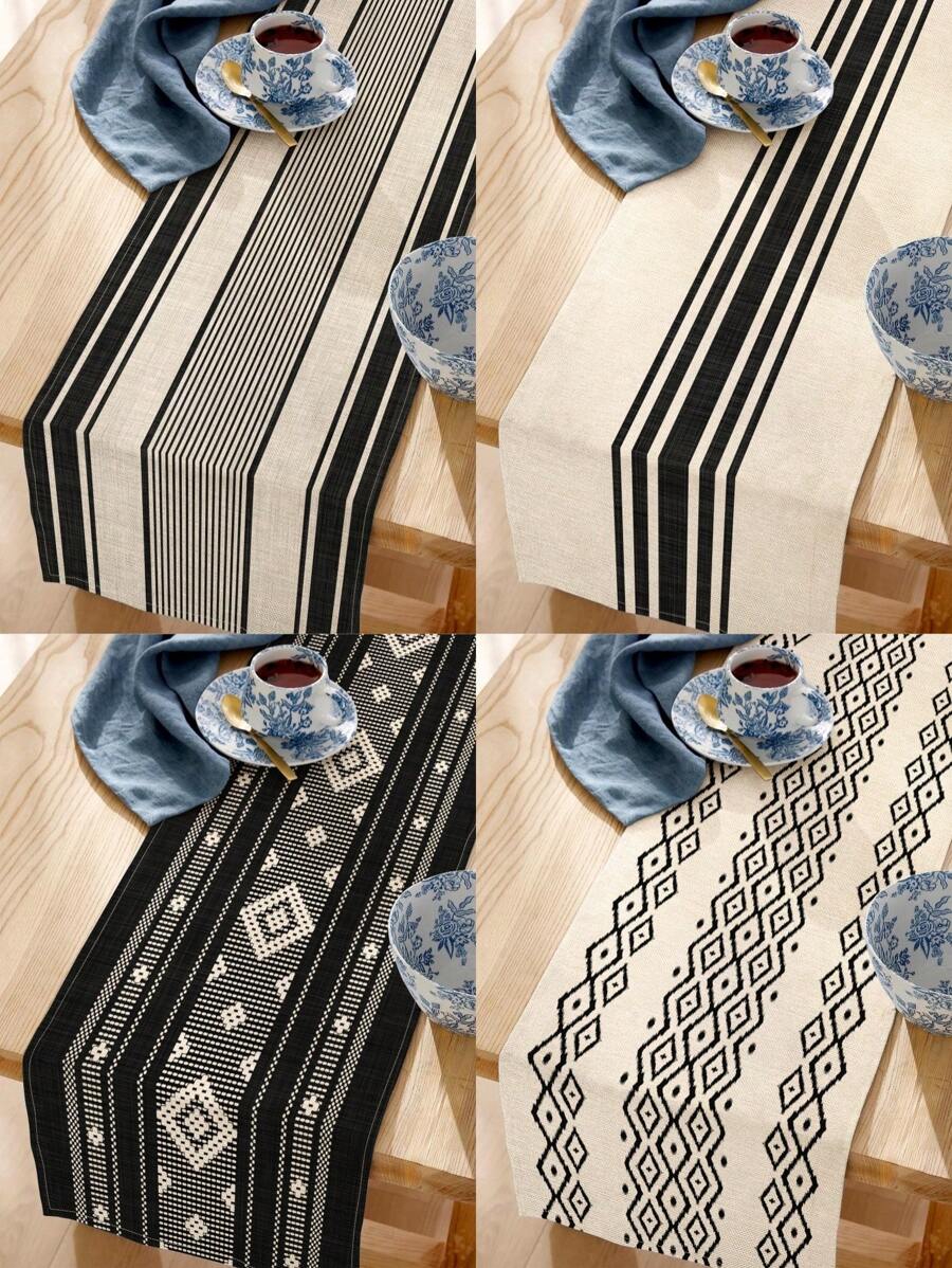 1pc Black & White Geometric Lines Linen Tablecloth/Table Runner, Suitable For Home Dining Room, Indoor Decor, Rectangle Table, Kitchen Cabinet, TV Stand. Romantic Wedding, Outdoor Party, Holiday Party Tabletop Decor, Heat Resistant & Washable