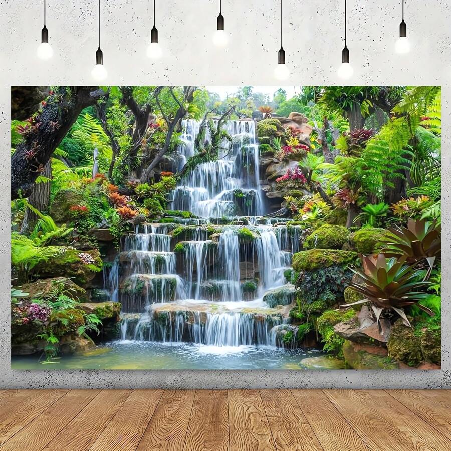 1pc, Fabric Garden Waterfall Background Mountain Rock Flowing Water Lake River Green Forest Trees Natural Background Home Wall Decoration Photography Studio Props