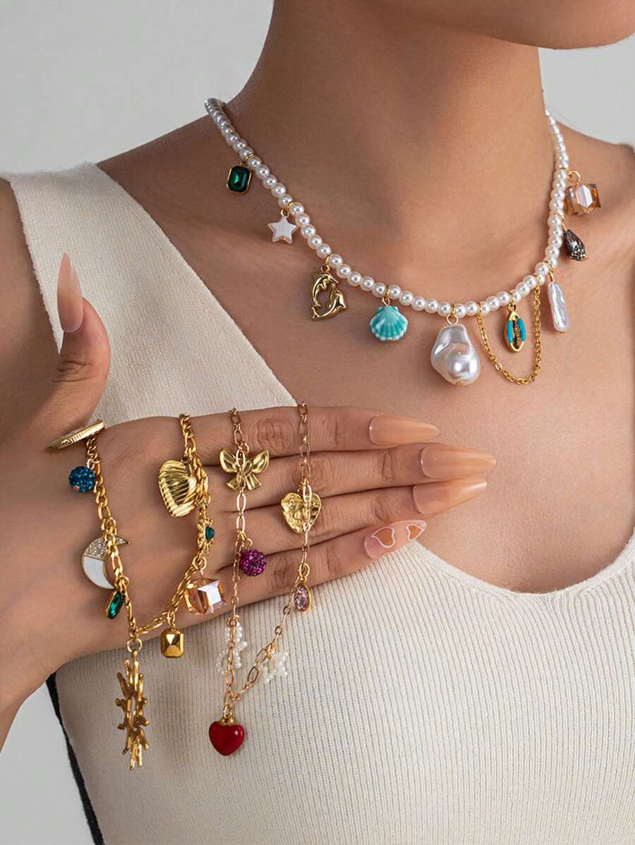 1Pc New Stainless Steel Starfish Necklace Women's Ocean Element Shell Dolphin Pendant Pearl Pearl Necklace