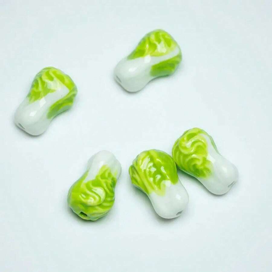 5pcs Cabbage-Shaped Cute Fruit And Vegetable Ceramic Beads, Fun Loose Beads For Necklace Earrings Bracelet Keychain DIY, Cartoon Charms Spacer Accessories, 20mm