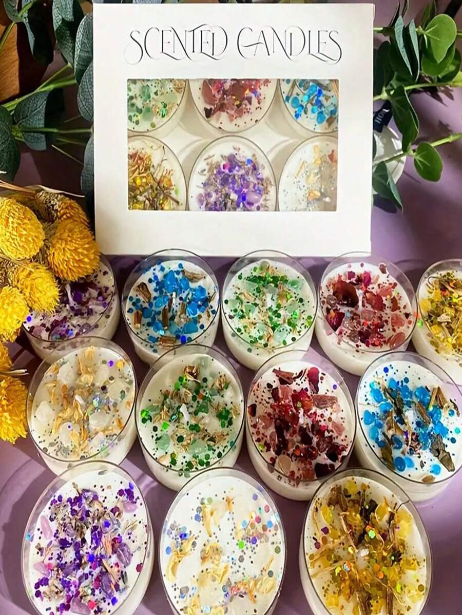 6 cajas de velas aromáticas con flores secas de cristal, decoración con purpurina de colores, 6 fragancias perfectamente combinadas para mejorar el ambiente romántico, ¡excelentes como regalo para fiestas!