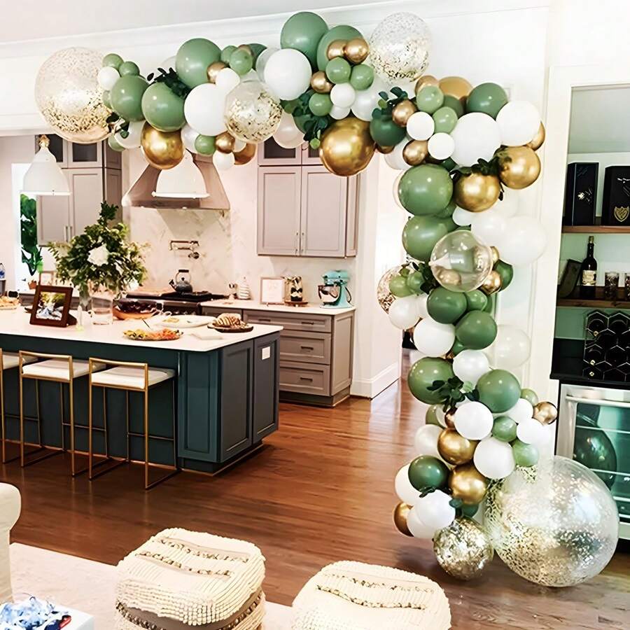 114 pièces Kit d'arche de ballons vert olive, Kit de guirlande de ballons vert sauge, Kit de ballons confettis vert blanc or pour décorations de fête d'anniversaire, décoration de fête de la jungle, cadeaux d'été, mariage, retour à l'école, fournitures scolaires, décoration de chambre