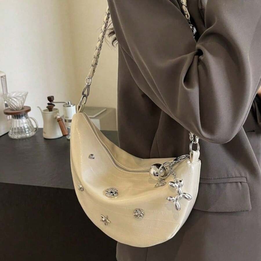 Summer New Model Dumpling Bag Simple Fashion Shoulder Bag Diagonal Shoulder Bag Diamond Moon Bag Glittering Silver Wandering Bag Handbag Dinner Party Bag Metal Handbag Shoulder Bag Suitable For Wedding Party Gift Pendant