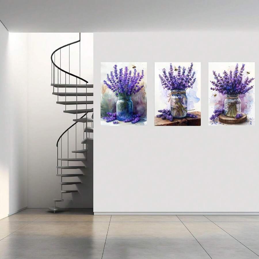Set de 3 postere înrămate cu imprimeu floral botanic violet și alb, pe pânză, pentru living contemporan, baie, dormitor, hotel, pensiune, apartament, vilă, galerie, sală de clasă, coridor, studio, casă de la țară, bucătărie, sufragerie, cameră pentru copii, birou, birou de acasă, decorațiuni de perete, gata de agățat