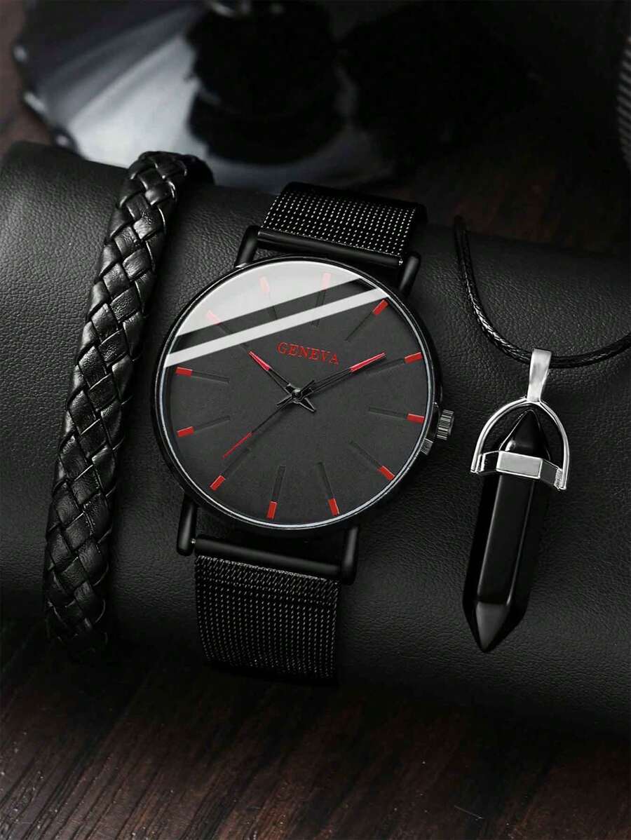 3PCS Black Business Men's Watch Set Fashion Versatile Simple Quartz Watch Bracelet Necklace Set Suitable For Daily Clothing Matching With Holiday Gifts