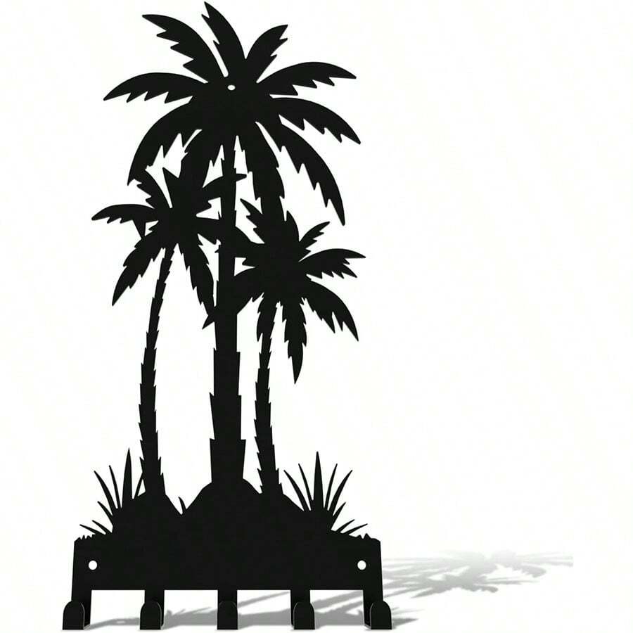 Black Metal Key Holder Rack, Suitable For Wall Mount, Coconut Tree Key Hooks With 5 Hooks, Tropical Style Key Rack For Front Door, Hallway, Entrance, Office Wall Decor