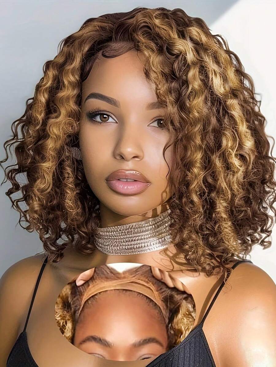 Highlight Ombre Curly Bob Wig Glueless Pre Plucked 4/27 13x4 HD Lace Wear And Go Closure Bob Wigs For Women Honey Blonde Short Deep Wave Bob Wig Glueless 200% Density 14 Inch