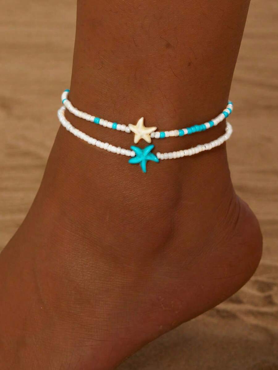 Set de 2 tobilleras de verano playeras, Juego de cadenas de tobillo versátiles con diseño de estrella de mar y cuentas