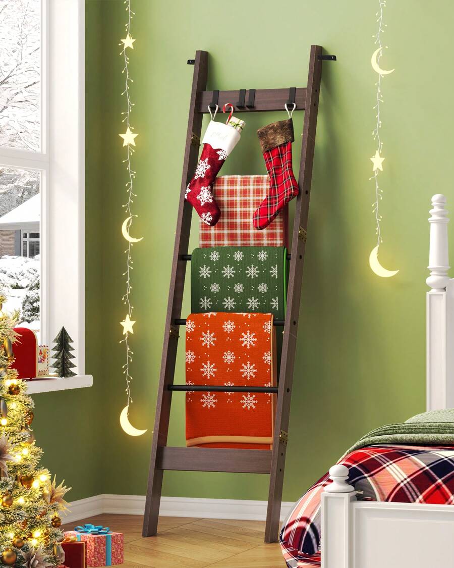 Blanket Ladder Shelf For Living Room, Decorative Wood Quilt Rack With 4 Removable Hooks, Farmhouse Ladder Holder Organizer For Bedroom, 6-Tier,Black Tea Brown