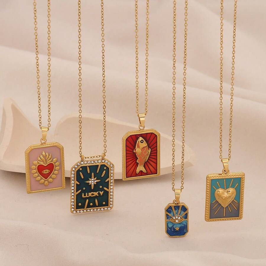Freegrow 1pc Heart-Shaped 8-Pointed Star Fish Tarot Pendant Necklace, Suitable For Women Everyday Wear