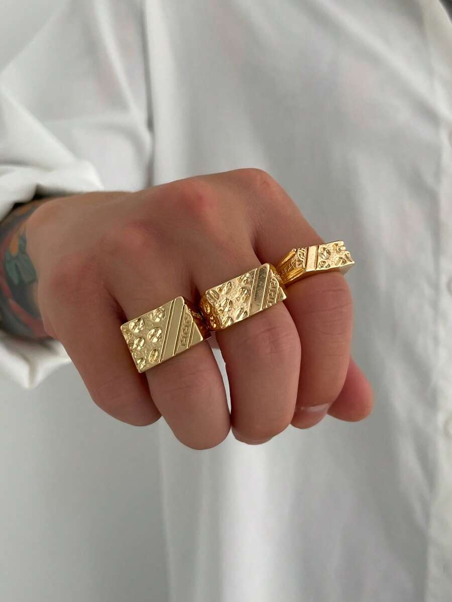 Conjunto de 3 anéis quadrados assimétricos geométricos dourados esculpidos para homens, conjunto de anéis minimalistas punk fashion