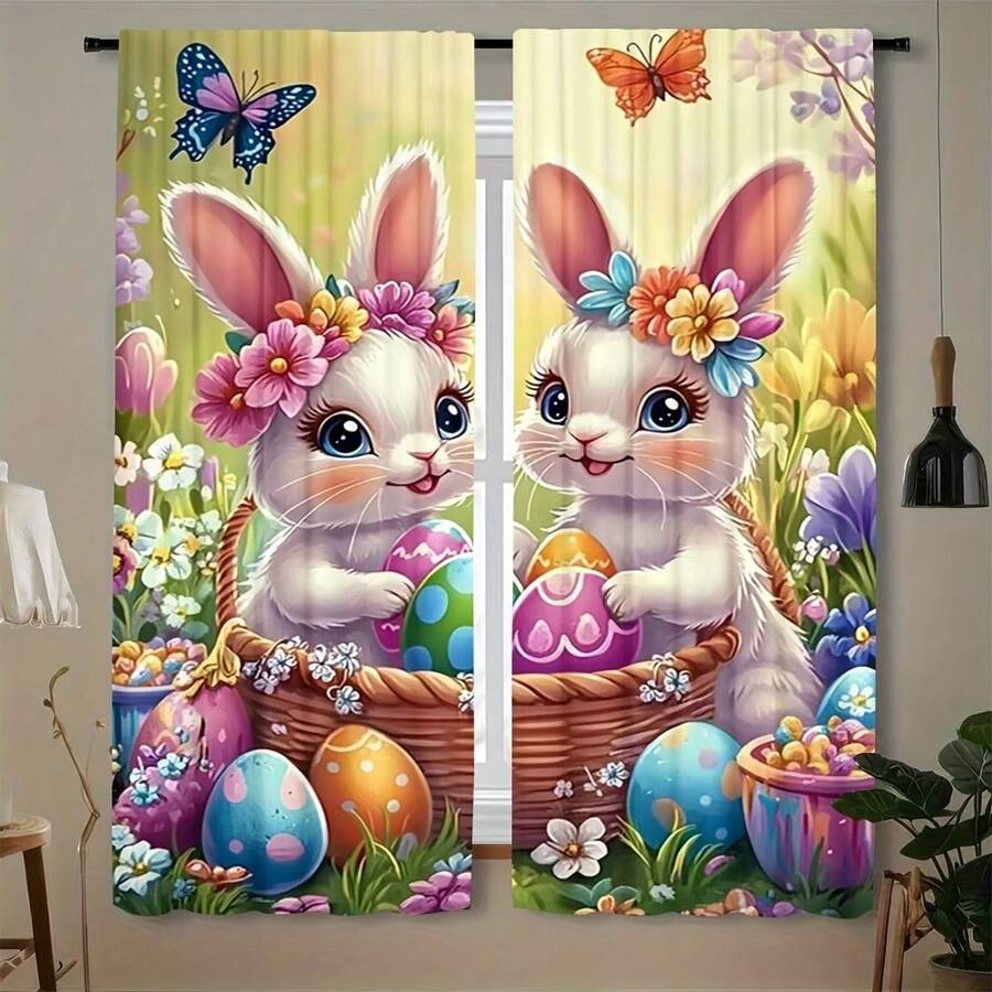 2 Sets Of Easter Bunny Theme Curtains To Add Decoration To Your Living Room, Dining Room, Bedroom, Office, Kitchen Or Study