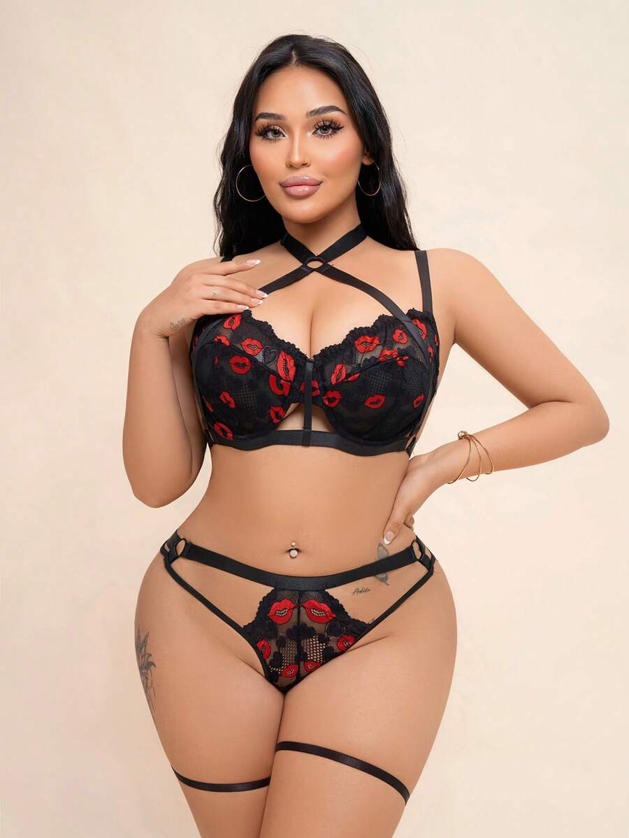Conjunto de 3 piezas talla grande: Sujetador con aros, encaje, calado y transparente, talla grande lencería tipo liguero