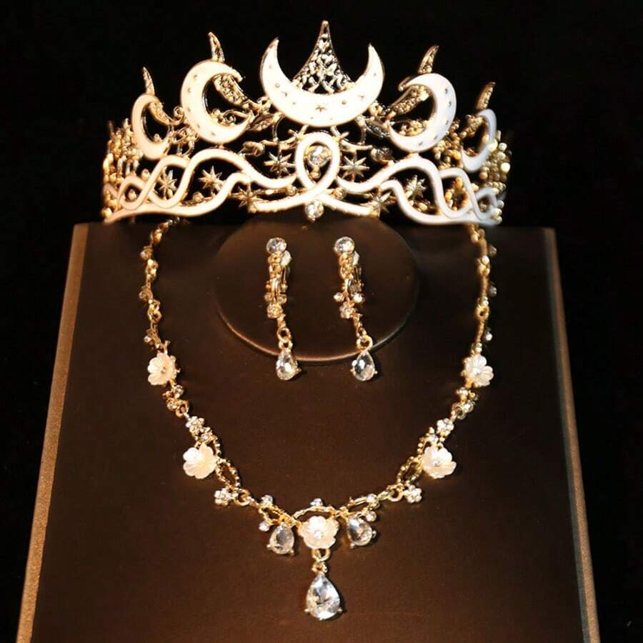 Premium 3 PiecesBridal Crown Headpiece Set With Chain, Baroque Style Large Crown, Necklace & Earrings, Shiny Vintage Zinc Alloy