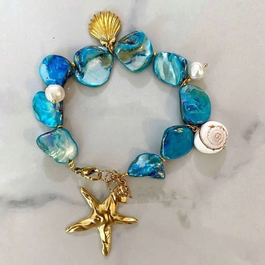 1 pièce Bracelet doré avec perles d'acier inoxydable en forme d'étoile de mer et de coquillage, accessoire de mode pour femmes