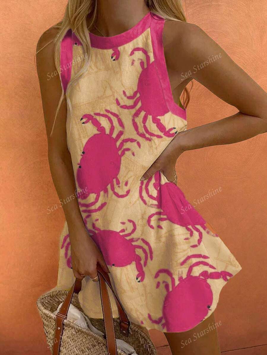 Sea Starshine Women's Spring And Autumn Fashionable Elegant Sexy Sleeveless Yellow Random Crab Pattern Dress