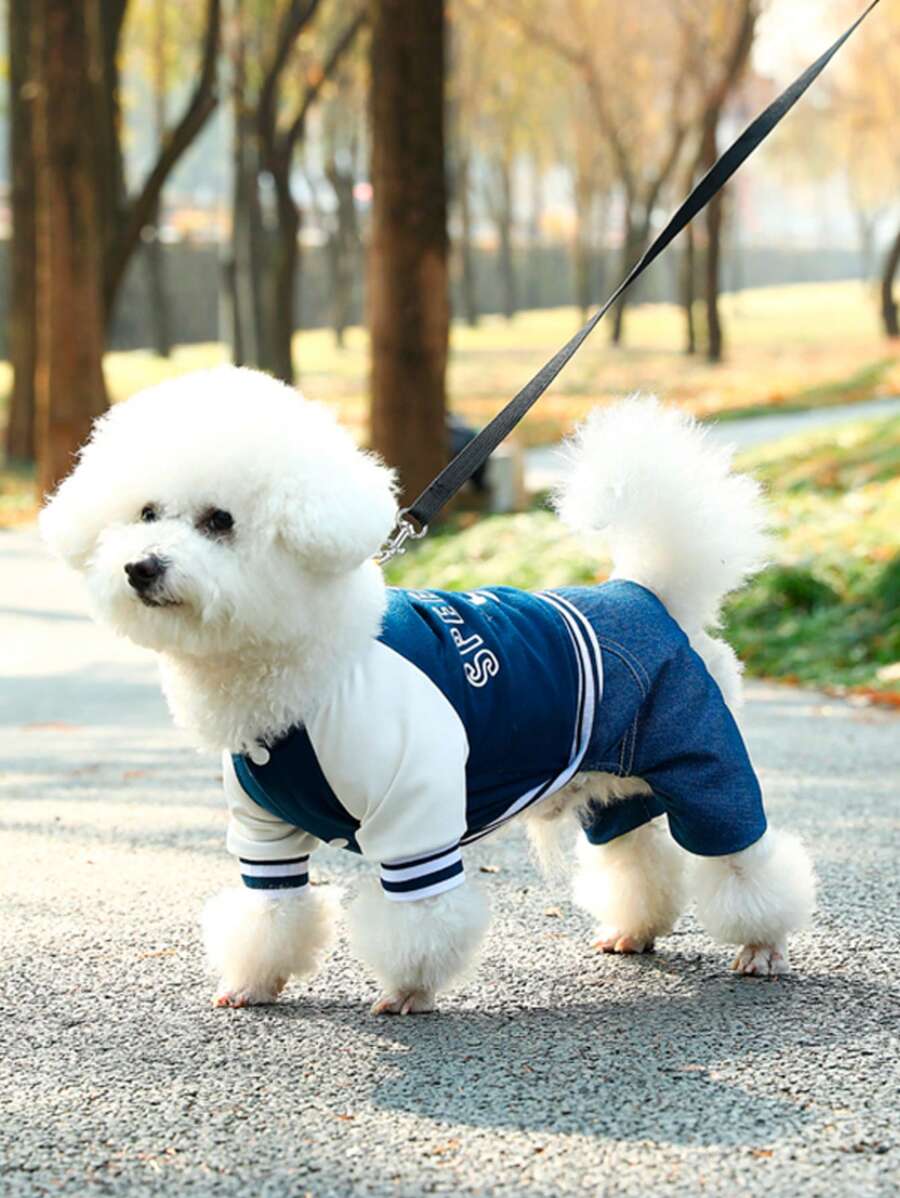 Pet 4-Leg Jumpsuit In Navy Blue With Contrast Color Letter Print, Suitable For Cats And Dogs, Spring/Autumn