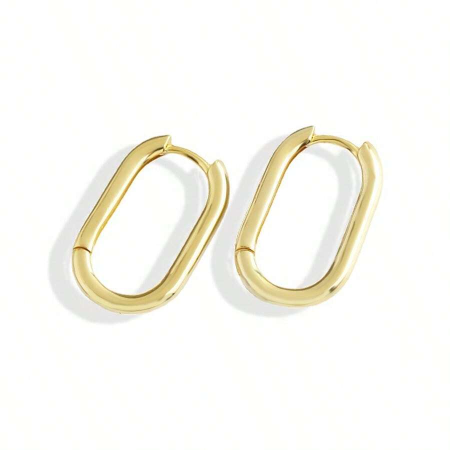 925 Sterling Silver Simple Gold U-Shaped Earrings, Hypoallergenic Geometric Oval Jewelry, Elegant Birthday Gift For Women, With Gift Box