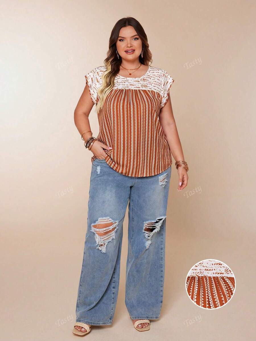 Plus Size Women Elegant Woven Colorblock Round Neck Dolman Sleeve Pleated Front Curved Hem Top, Rust Brown, Summer
