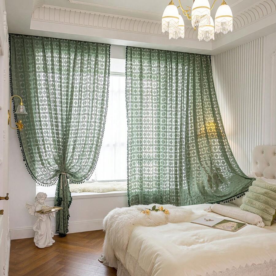 1pc Boho Style Sheer Curtain Panel With Vintage Garden Lace Pattern, Rod Pocket Hanging, Breathable Translucent Fabric, Suitable For Bedroom, Living Room, Office - Machine Washable, Transparent, Room Divider