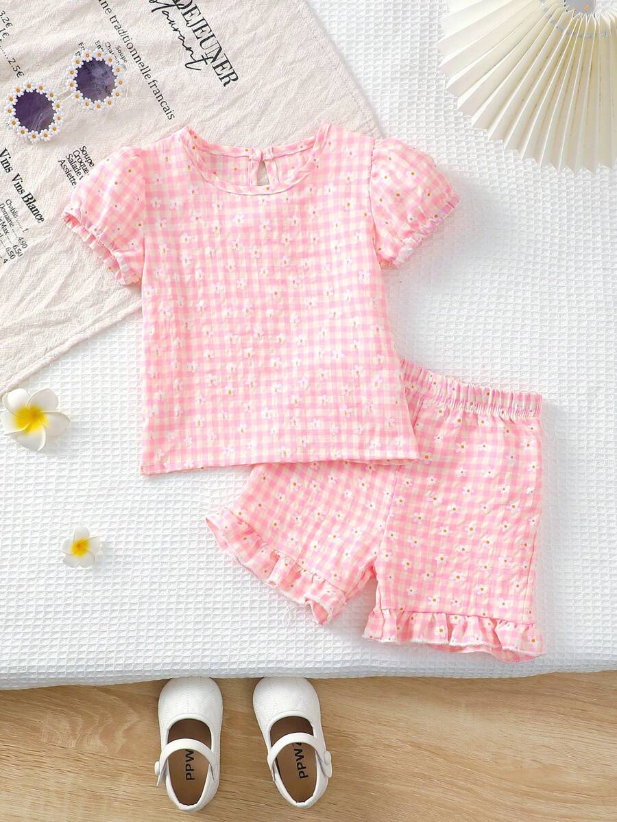 Cute Baby GirlFloral & Plaid Pattern Outfit, Elegant Style Baby Girl Must-Have Summer Clothing