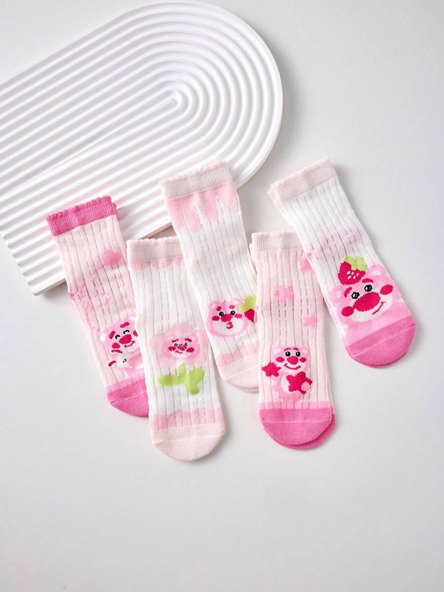 Disney 5 pares de medias hasta el tobillo para niñas con 2 agujeros, con diseño de oso de fresa de , nuevo estilo de primavera y verano, color aleatorio, alta calidad.