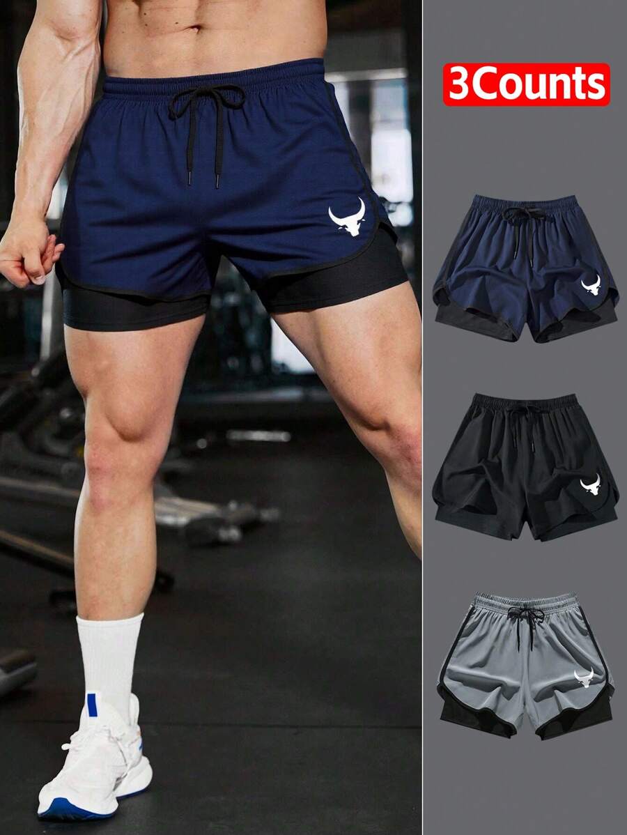 Set de 3 pantalones cortos hombre casuales, de dos capas, para fitness, running y deportes al aire libre
