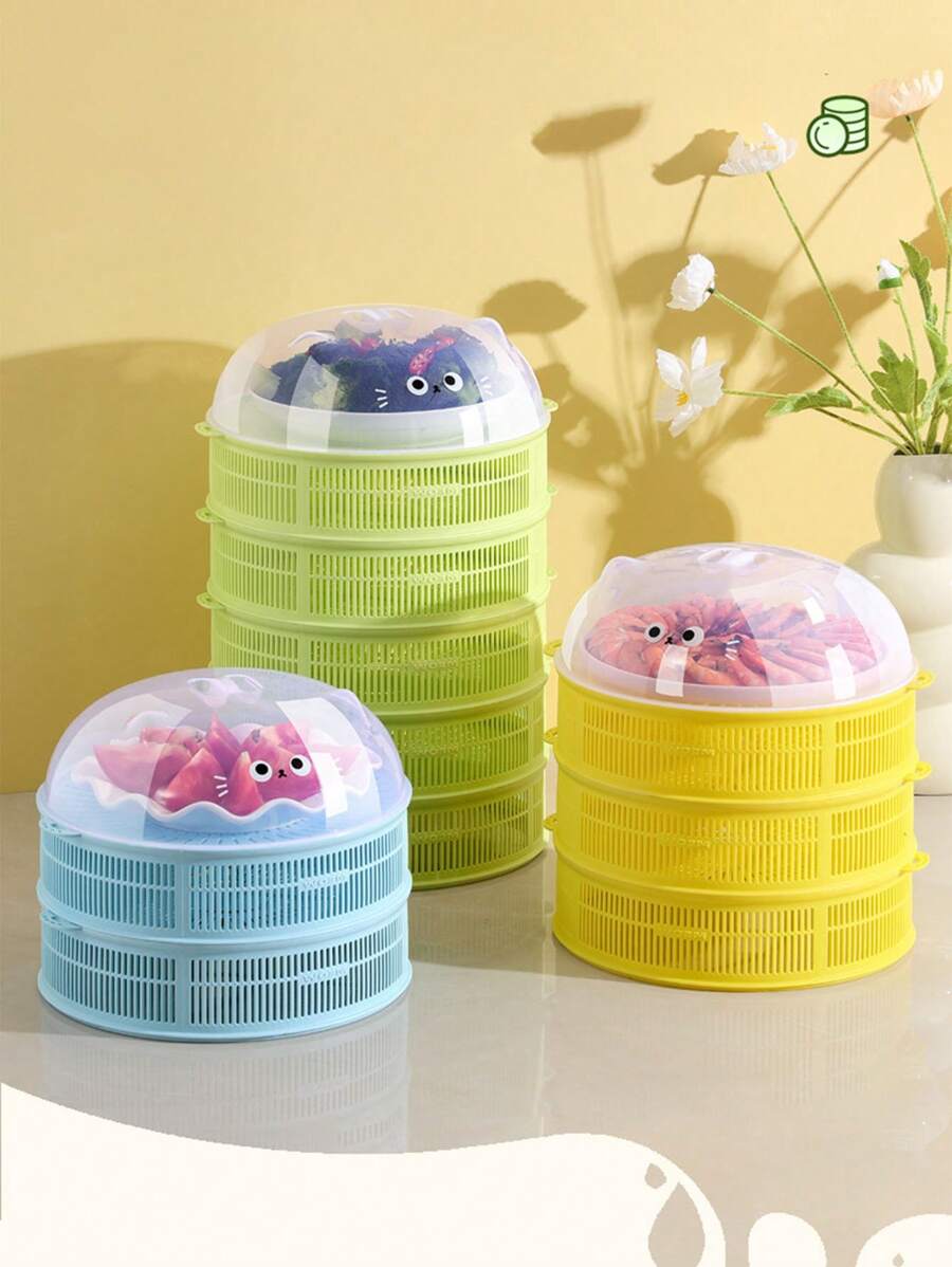 1pc New Hollow Out Food Cover, Multi-Layer Vegetable Washing Basket, Dustproof & Anti-Fly Leftover Food Storage Cover, Cartoon Cat Perforated Food Dome With Lid, For Table, Summer