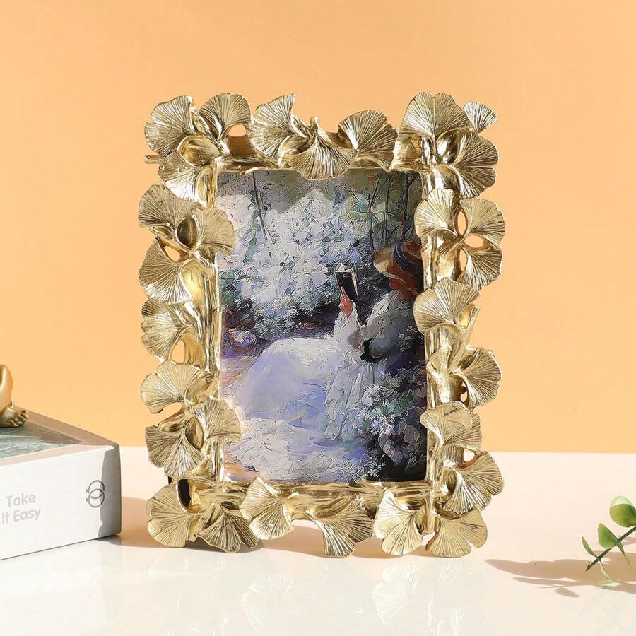 1pc Retro European Style Gold Ginkgo Leaf Edged Photo Frame, Horizontal & Vertical Display, Comes With 1 Random Inner Paper For Home Decor