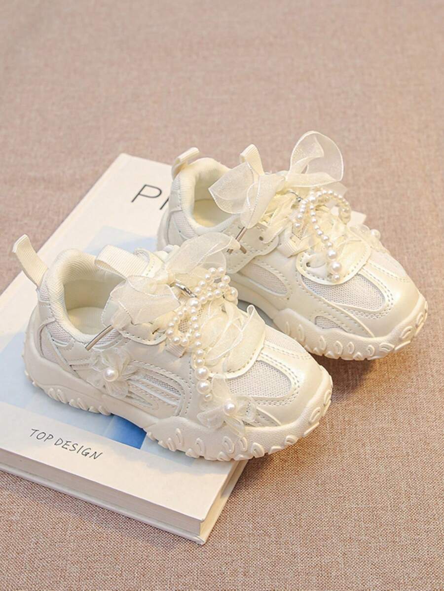 1 Paar Mädchen Kunstperlenschmuck & Spitzenblume Dekoration Prinzessin Stil Lässig atmungsaktive weiche Sohle Sportschuhe, neue Kollektion Frühling/Sommer 2025
