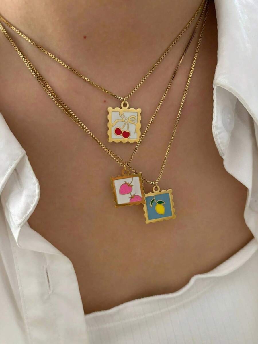 1/3 pièces Pendentif de collier coloré en acier inoxydable avec charms de fruits, pendentif stylé en forme de cerise, fraise, citron. Collier avec charms de fruits mignons et frais, idéal pour un port quotidien, cadeau de bijoux parfait pour les femmes
