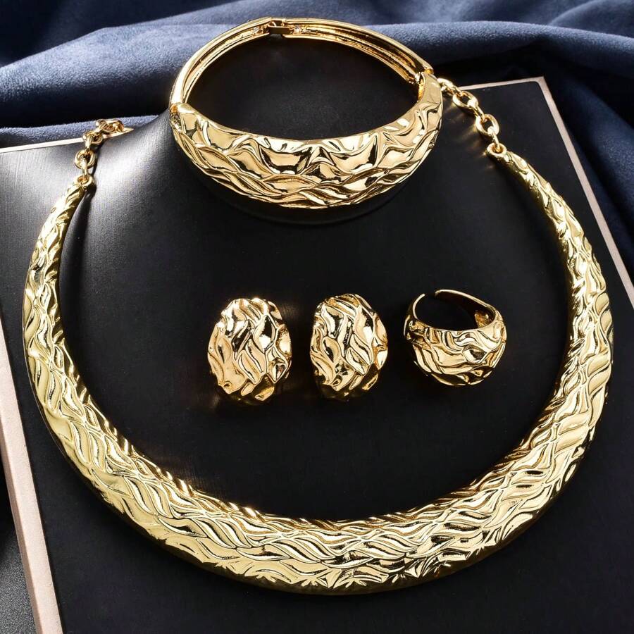 Set de 4 piezas de joyería de mujer con patrón de líquido de pulido de metal, que incluye collar, pulsera, anillo y aretes, adecuado para bodas, novias, fiestas y banquetes