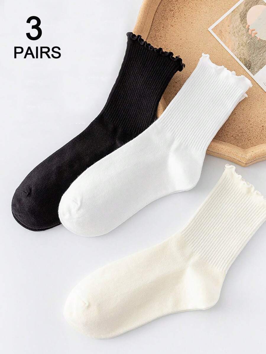 3 Pairs Black & White Lace Trim Mid-Calf Socks For Women, Comfortable Minimalist Versatile Daily Wear
