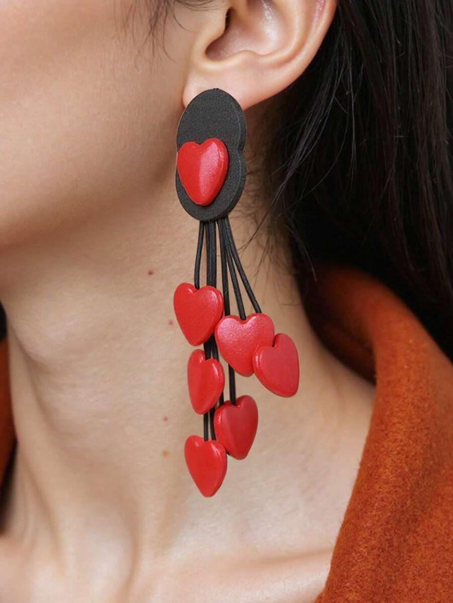 MARLIWOO 1 Pair Bohemian Style Heart Tassel Decorated Vintage Long Earrings For Women