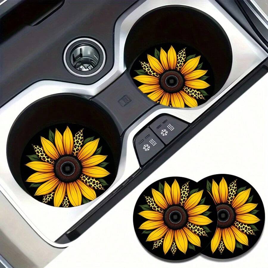 2 Peças Suporte de Copo de Carro Girassol, Porta-Copos Decorativos Redondos de 2,8 Polegadas, Suportes de Bebida para Casa e Carro, Acessórios de Interior Automotivo Unissex, Descanso de Copos Decorativos, Adequados Como Presentes para Parentes e Amigos