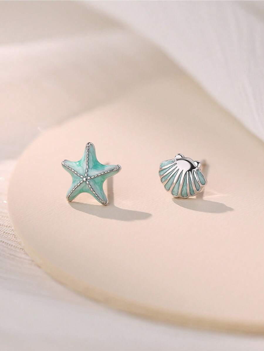 Pendientes con diseño de estrella de mar y concha asimétrica de plata esterlina, diseño minimalista de lujo adecuados para uso diario de mujeres, gran regalo para madres, novias, Pascua, Día de San Valentín
