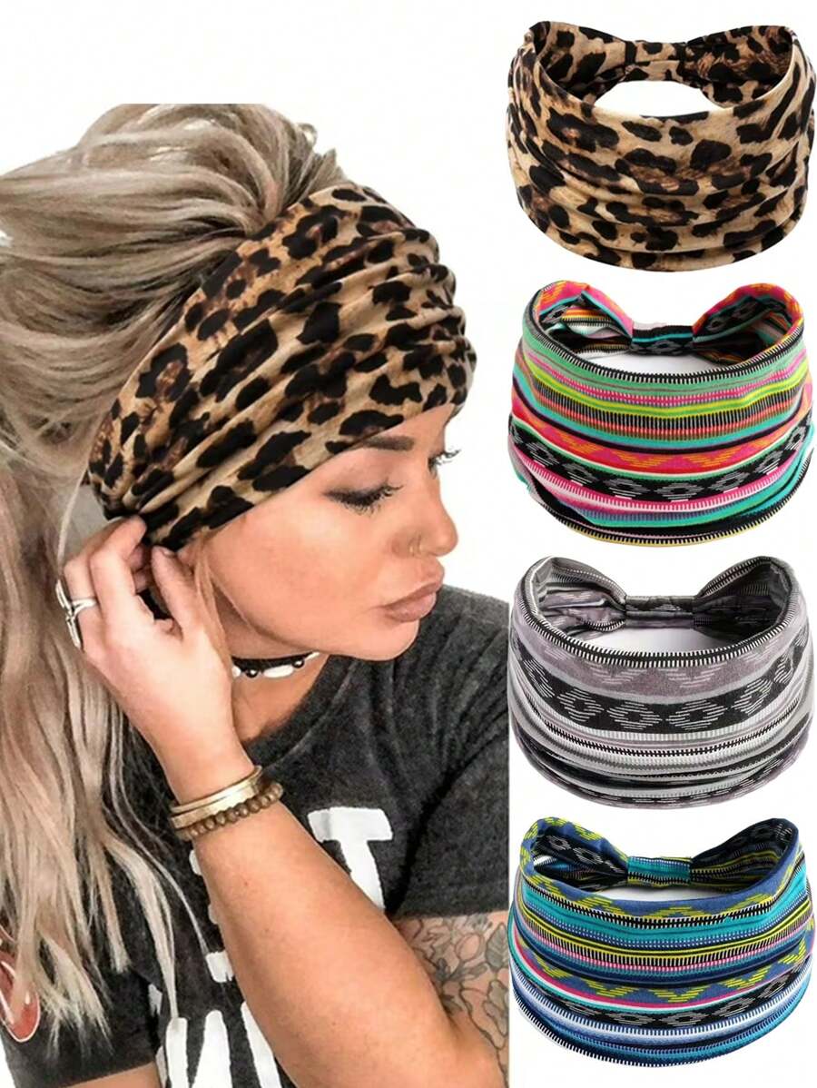 1 Stück breite Boho Stirnbänder für Frauen, große Leoparden-Muster geknotete Stirnbänder, weicher dehnbarer Stoff Haarband, große afrikanische Stil Kopfbänder Haarzubehör, Turban Kopfbedeckung für Yoga, Training, Laufen, perfektes Geschenk für Freundin, Muttertag, Geburtstag