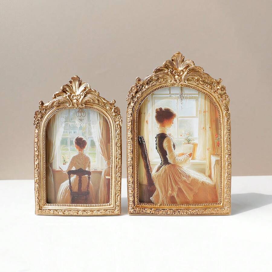 1pc Classical Retro Photo Frame, Vintage-Style Faux Wooden Carving Frame, Decorative Desktop/Wall Picture Frame, Gold Flower Design, Wedding/Home Decor, Resin Framed, Vintage Literature & Lighting Theme, Luxury Embossed Hanging Ornament, Elegant Home Accessory