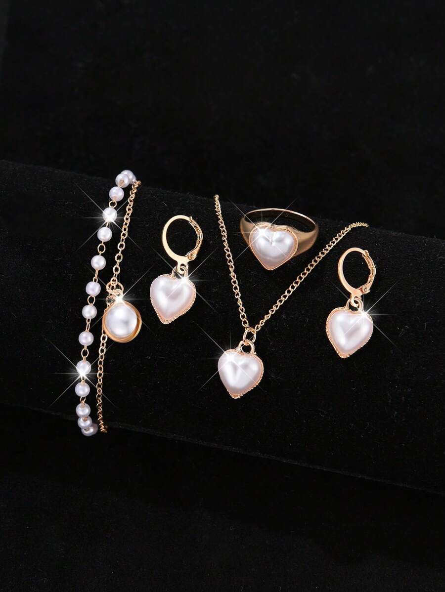 5pcs Women's Jewelry Set, Fashionable And Simple Love Pearl Women's Bracelet, Necklace, Earrings, Ring Women Jewelry Set, Suitable For Daily Wear, Gift For Friends