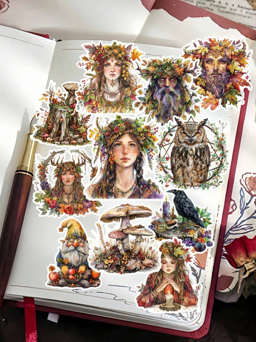 16pcs Watercolor Pumpkin Witch/ Autumn Forest Wizard Magician Sticker DIY Craft Scrapbooking Album Junk Daily Planner Decorative Planner Diary Vintage Stationary Suitable For Clippings, Diaries, Laptops, DIY Crafts, School Supplies,Back To School
