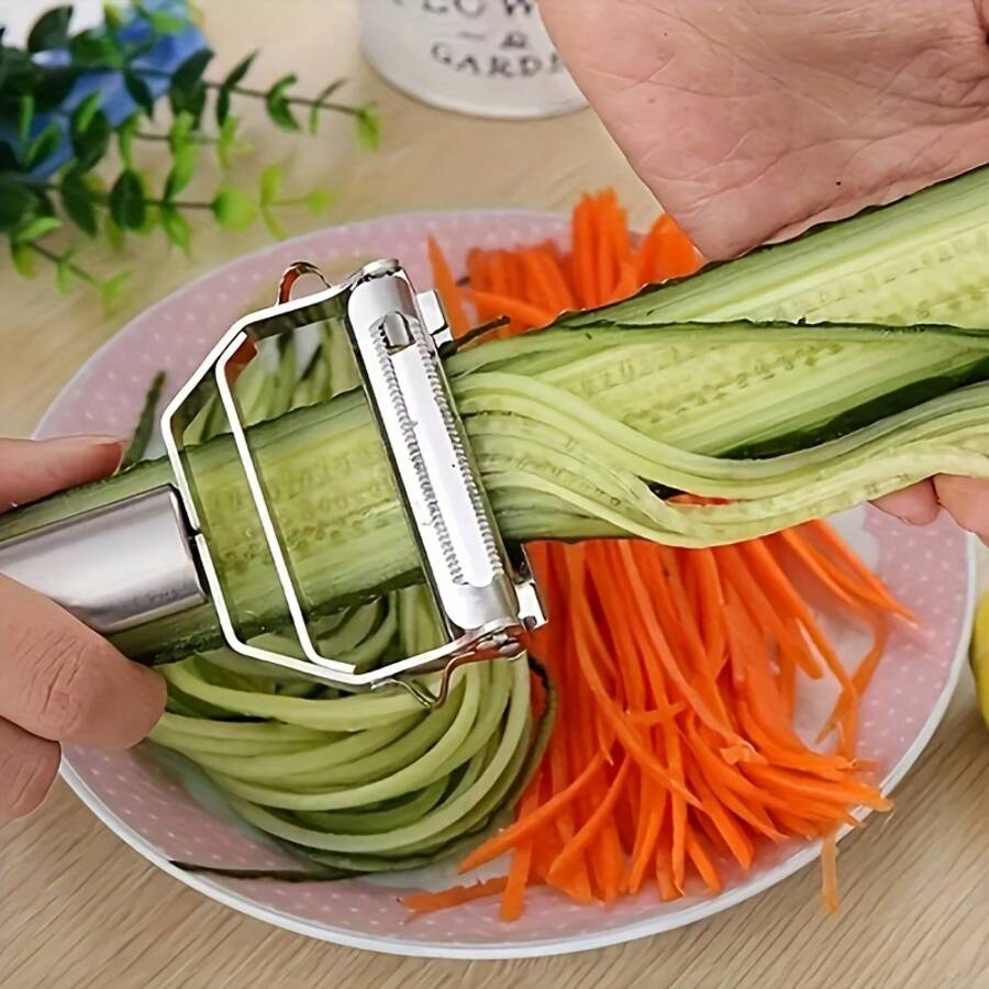Pelador multifuncional de frutas y verduras de acero inoxidable: rebanador, rallador y picador manual. Utensilios de cocina para el hogar, la cocina de autocaravanas y la residencia universitaria.