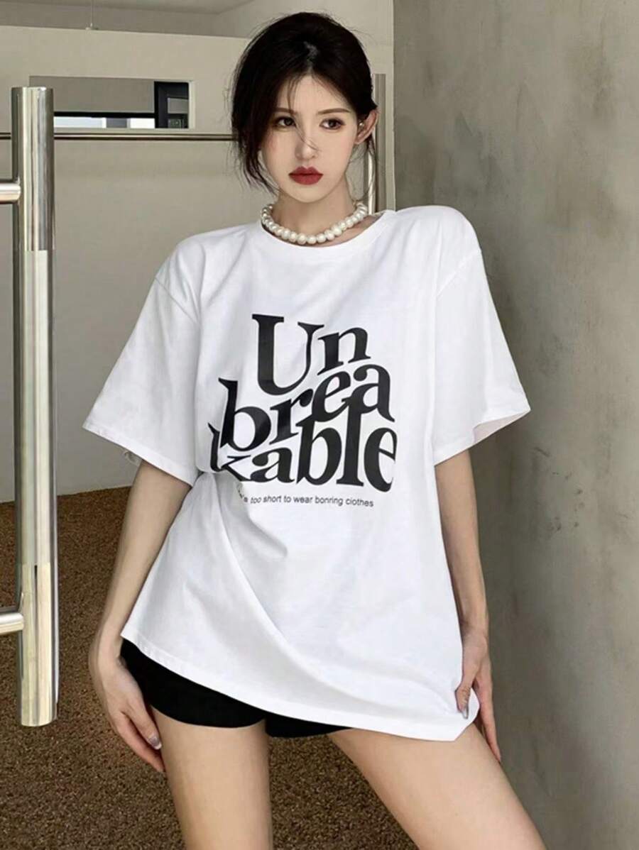 Women's Loose Black Printed T-Shirt - Short Sleeves, Loose Fit, Machine Washable, Japanese Text, Panda Pattern Design