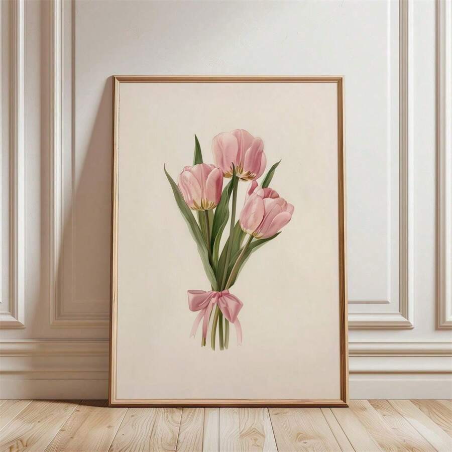 1 Piece Sassy Tulip Bouquet Room Decoration, Botanical Tulip Pink Girly Aesthetic Art , Cute Girly Decoration , Blush Pink Bow Wall Art - For Living Room, Bedroom, Hallway, Office - Canvas Material Valentine's Day Gifts Birthday Graduation Optional Frame ,Wall Art With Frame