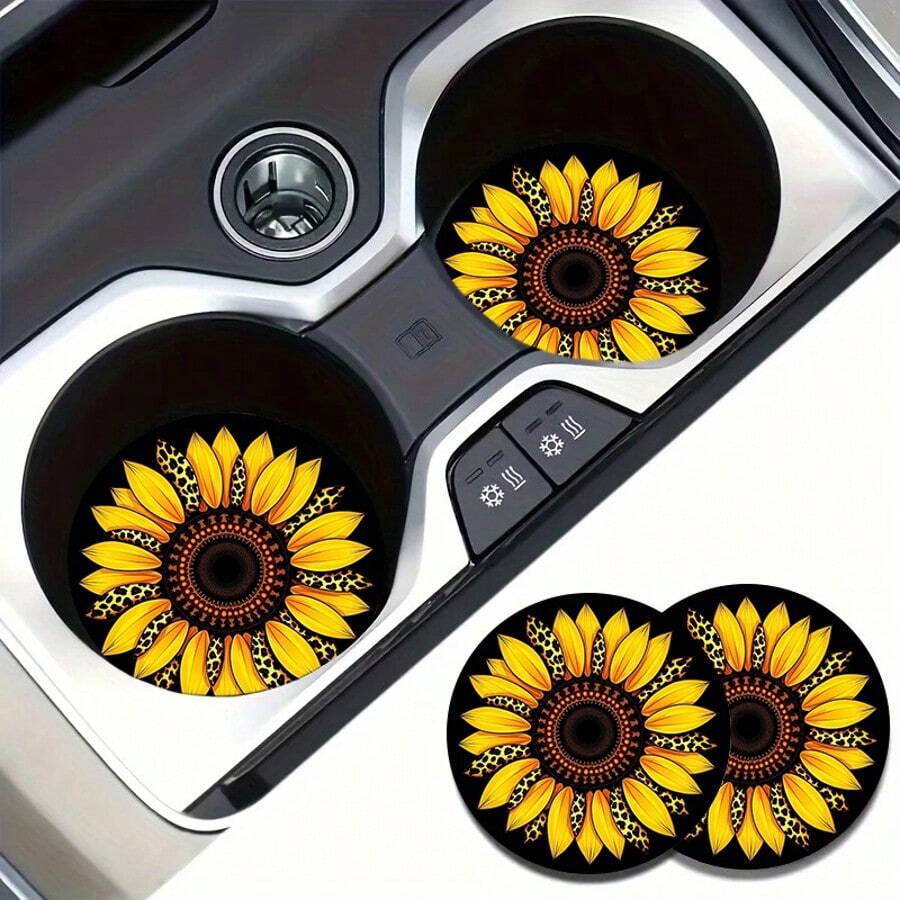 2 Peças Descanso de Copo de Carro com Girassol, Protetores de Copo Decorativos Redondos de 2,8 polegadas, Descansos de Bebida para Casa e Automóvel, Acessórios de Interior de Carro Unissex, Descansos Decorativos, Adequados como Presente para Parentes e Amigos