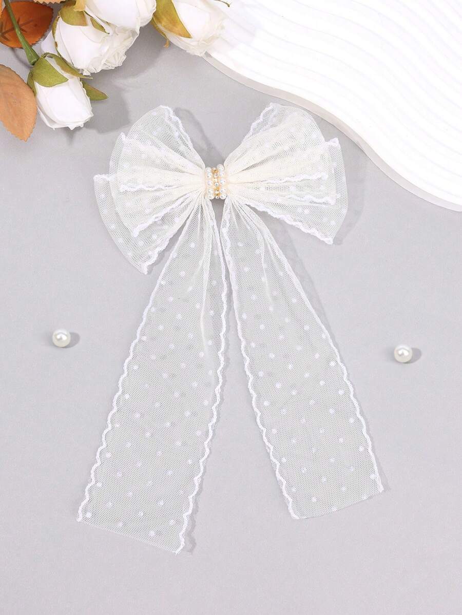 1 pieza de Pinza de pelo con malla de color beige para niñas con lazo a lunares, pinza de caimán con cola, perlas brillantes y rhinestones, pasador de pelo elegante para boda, accesorios de cabello delicados para vacaciones, accesorio de cabello para niños