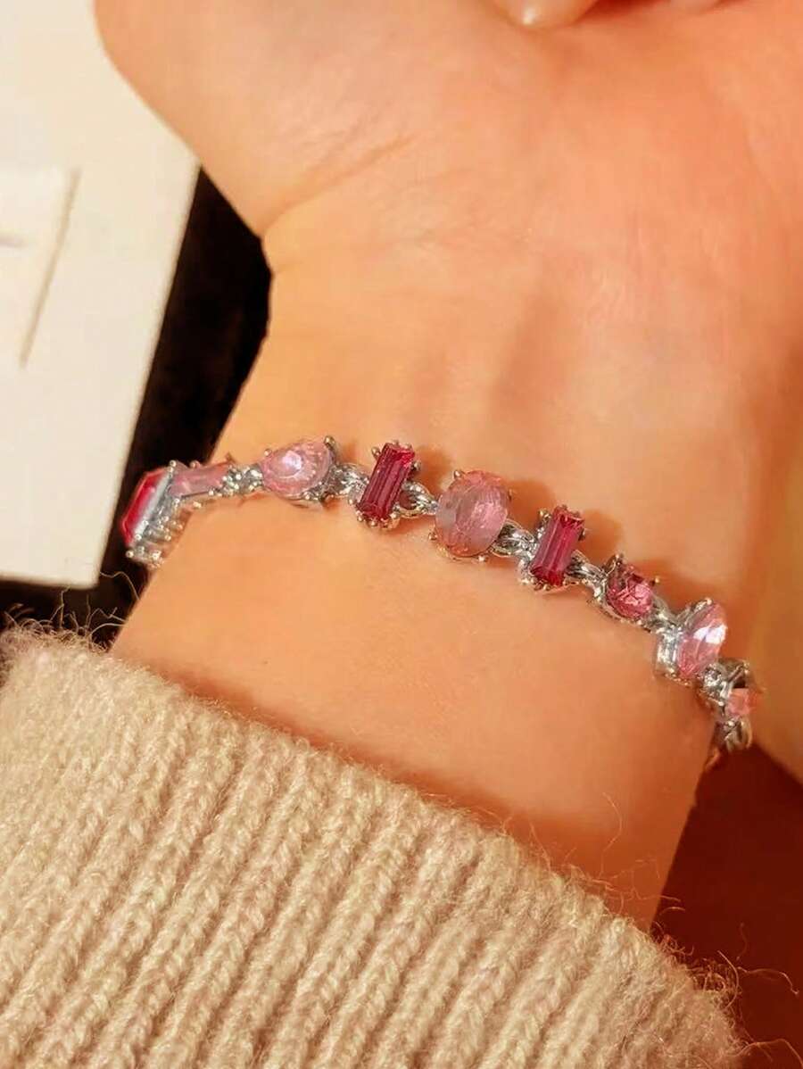 PARERTQH 1 Peça Pulseira Rosa Doce para Mulheres, Presente de Amizade Versátil Pavimentado com Zircônia