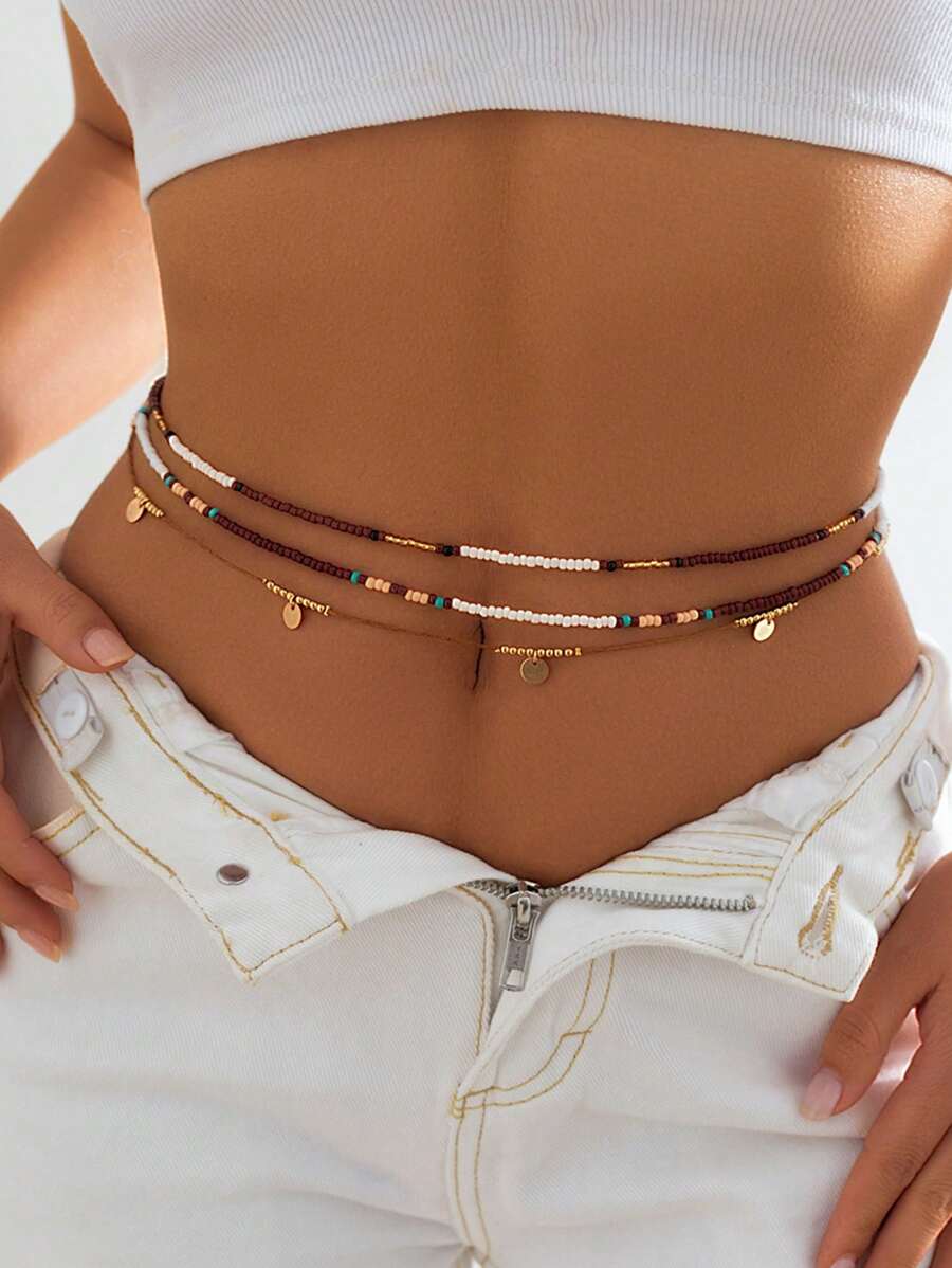 3 Sets de Cadenas para la cintura con cuentas de arroz con estilo vacacional sexy para mujeres, cadenas para el Body con cuentas de conchas en la playa