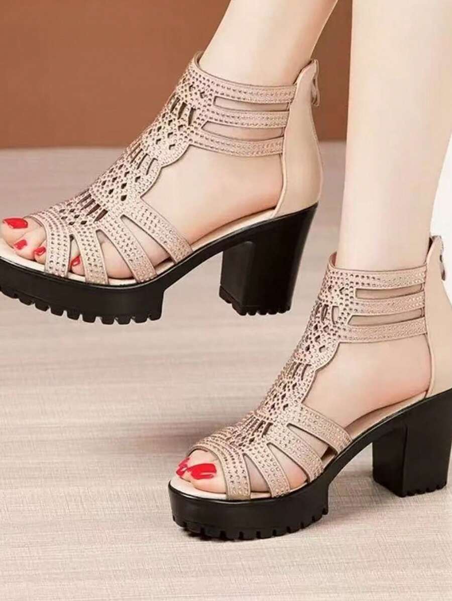 Women's Thick Heel Sandals, Open Toe Mid-Heeled Roman Style Slip-Resistant Soft Bottom Sandals, 2025 New Fashion Gold Rhinestone Decor Increased Height Ladies Sandals