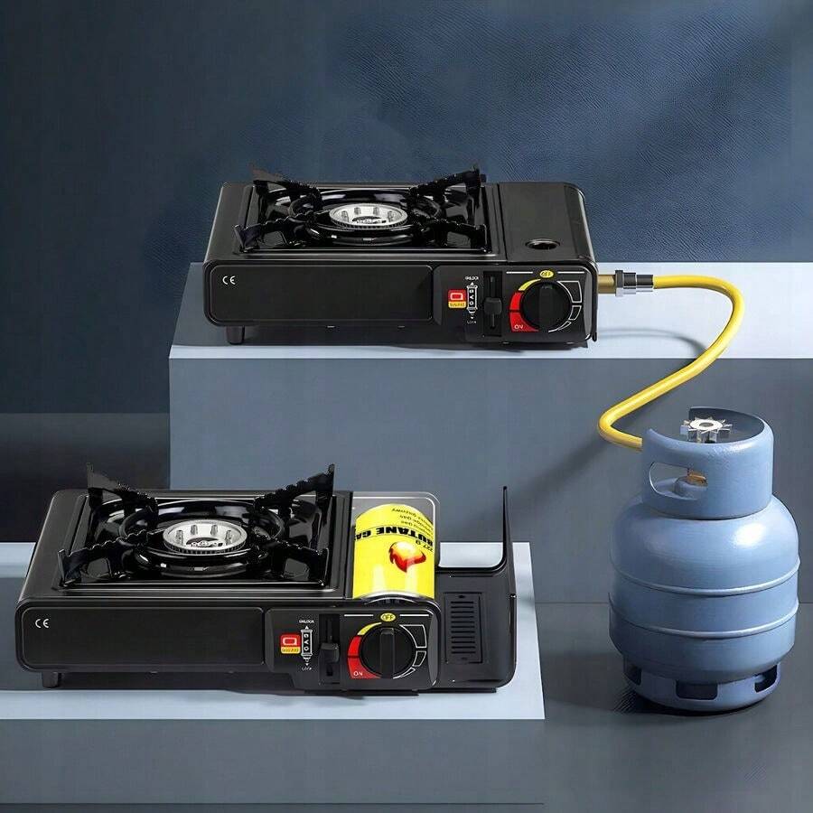 Fornello a gas, fornello a gas da campeggio, cartucce Fornello a gas Fornello da esterno. Cucina a gas 2 in 1. Cucina a gas portatile per turisti. colore nero e rosso